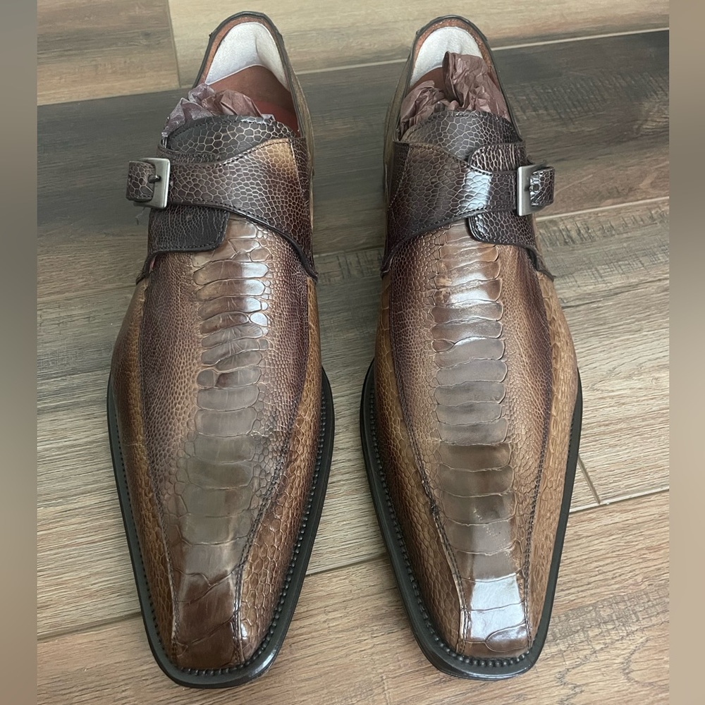 Mezlan Ostrich Paw & Quill Combination Monk Strap